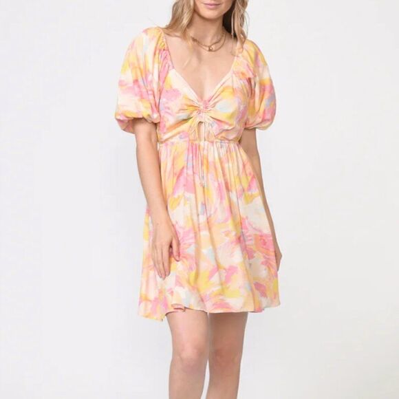 Adelyn Rae x Anthropologie Dara Abstract Puff Sleeve Mini Dress in Size Small - Picture 1 of 13